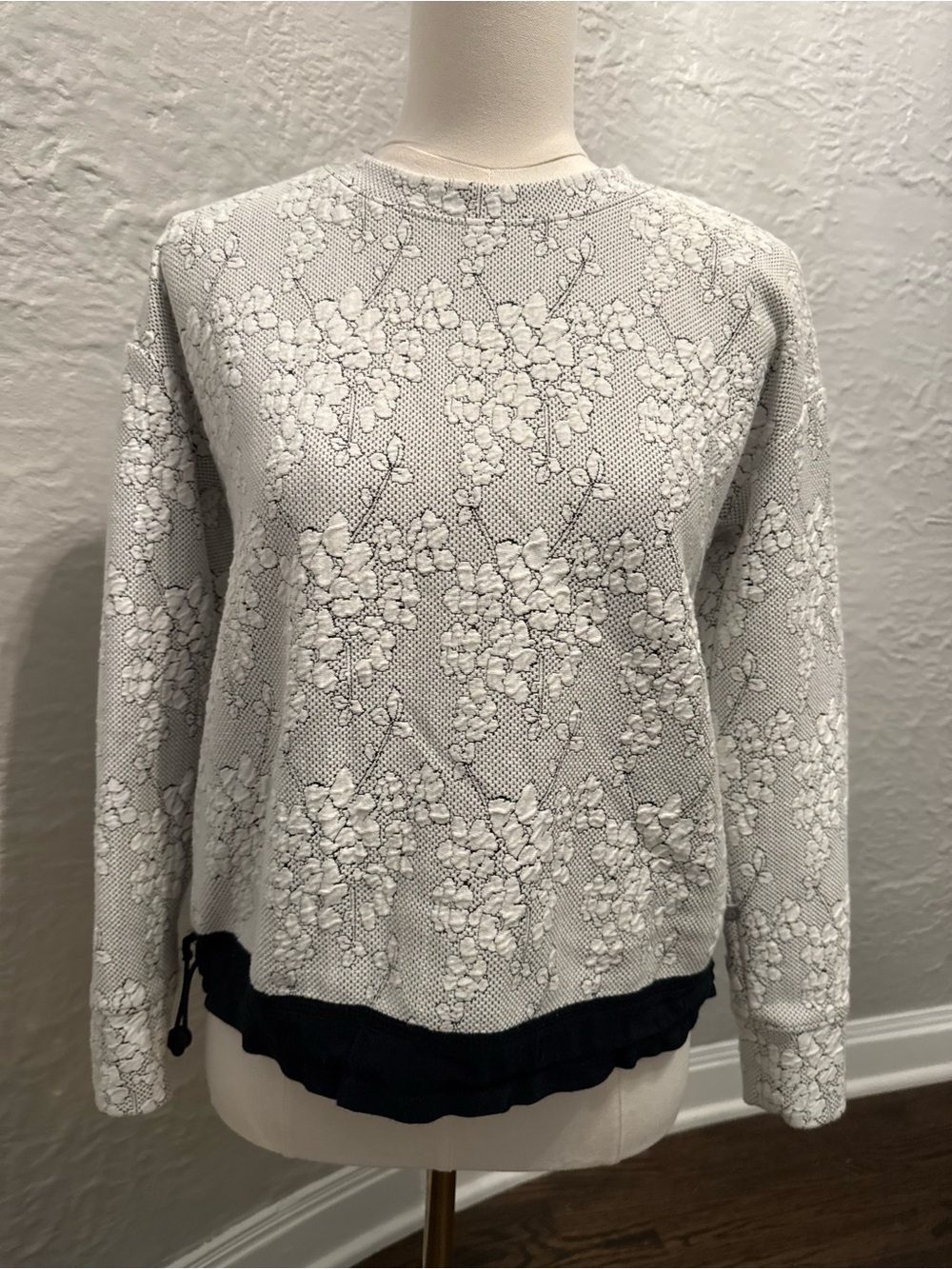 Talbots White Floral Textured Crewneck Sweater with Black Hem